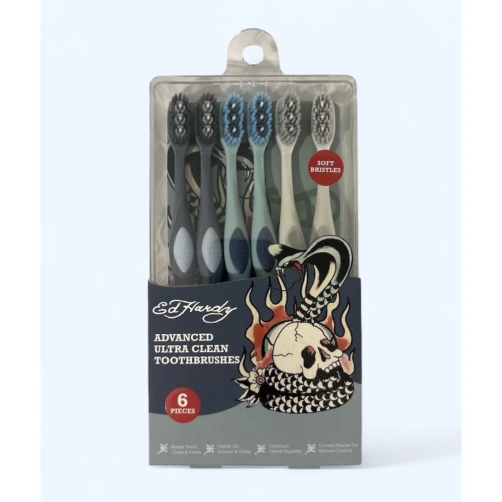 Ed Hardy 6 Piece Advanced Ultra Clean Toothbrush Set‎ White Blue Gray